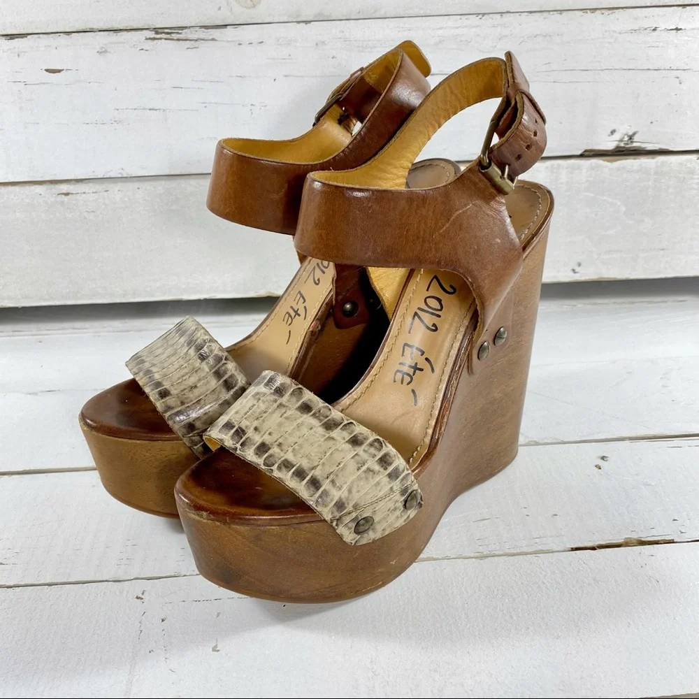 Lanvin Wooden & Snakeskin Leather Wedge Heels